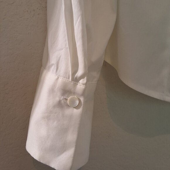 Trina Turk Ivory Long Sleeve Fitted Bodice Collared V-Neck Button-Up Shirt Sz M - Picture 5 of 7